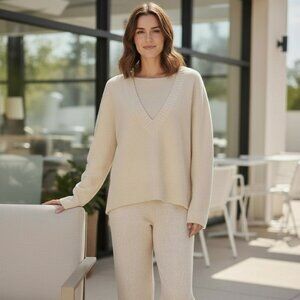 Boden Beige V neck Sweater And Prana Size 4 Beige Patterened Pants Bundle